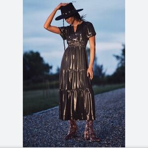 Anthropologie The Somerset Maxi Dress: Metallic Edition Carbon Sz M NWT